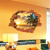 Wall Stickers | 3D Broken Wall Sunset Scenery | Seascape Island Coconut Trees | Household Adornment