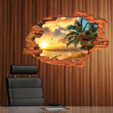 Wall Stickers | 3D Broken Wall Sunset Scenery | Seascape Island Coconut Trees | Household Adornment