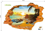 Wall Stickers | 3D Broken Wall Sunset Scenery | Seascape Island Coconut Trees | Household Adornment