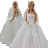 Elegant White Princess Evening Party Clothes Wears | Long Dress Outfit Set for Barbie Doll with Veil