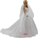 Elegant White Princess Evening Party Clothes Wears | Long Dress Outfit Set for Barbie Doll with Veil