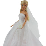 Elegant White Princess Evening Party Clothes Wears | Long Dress Outfit Set for Barbie Doll with Veil