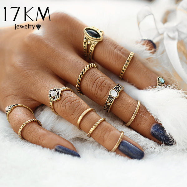 Fashion Vintage Punk Midi Rings Set | Antique Gold Color Boho Style Female Charms Jewelry Ring For Women | 12pcs / sets