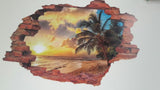 Wall Stickers | 3D Broken Wall Sunset Scenery | Seascape Island Coconut Trees | Household Adornment