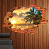 Wall Stickers | 3D Broken Wall Sunset Scenery | Seascape Island Coconut Trees | Household Adornment