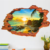 Wall Stickers | 3D Broken Wall Sunset Scenery | Seascape Island Coconut Trees | Household Adornment