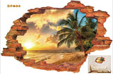 Wall Stickers | 3D Broken Wall Sunset Scenery | Seascape Island Coconut Trees | Household Adornment