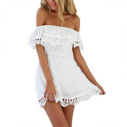 Women Dress Elegant Vintage | Sweet Lace White Stylish Sexy | Slash Neck Casual Slim Beach Summer Sundress