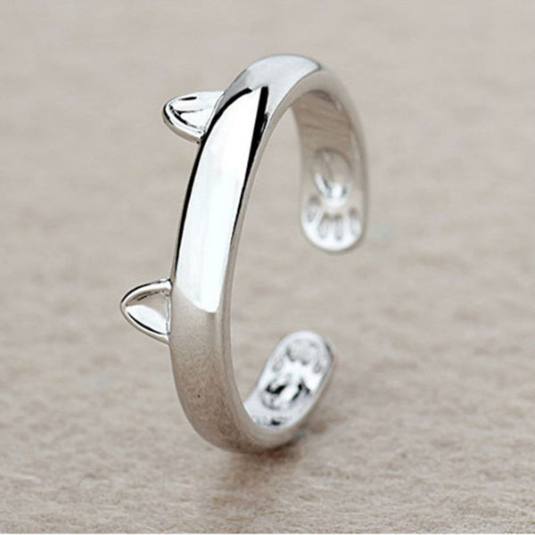 Women Lady Silver Plated Cat Rings | Fashion Kitten Ears Design | Open Party Ring Size 7 For Young Girls | Jewelry Top Quality Gift